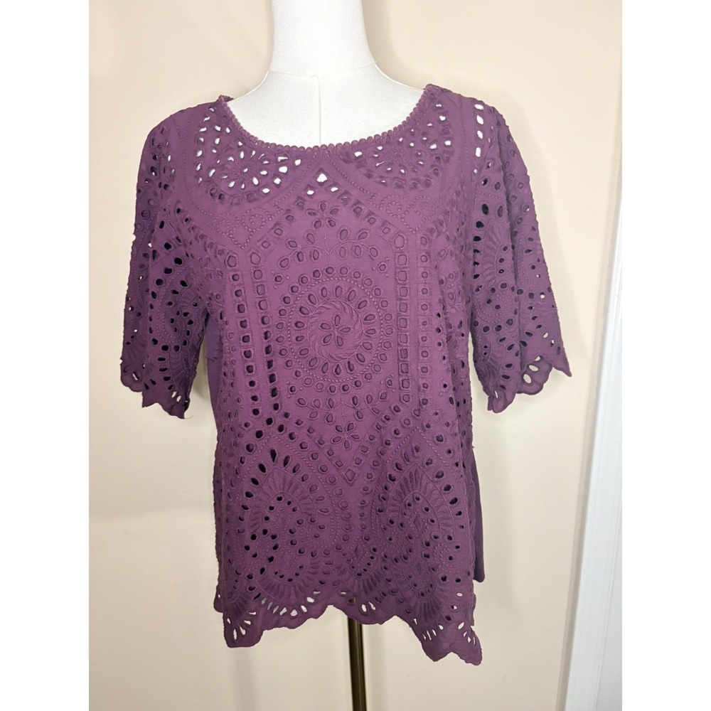 Anthropologie Porridge Eyelet Burgundy Plum Blouse Large cottagecore boho Fall